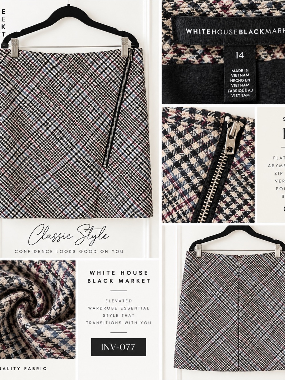 White House Black Market Black, White & Pink Plaid Mini Skirt
